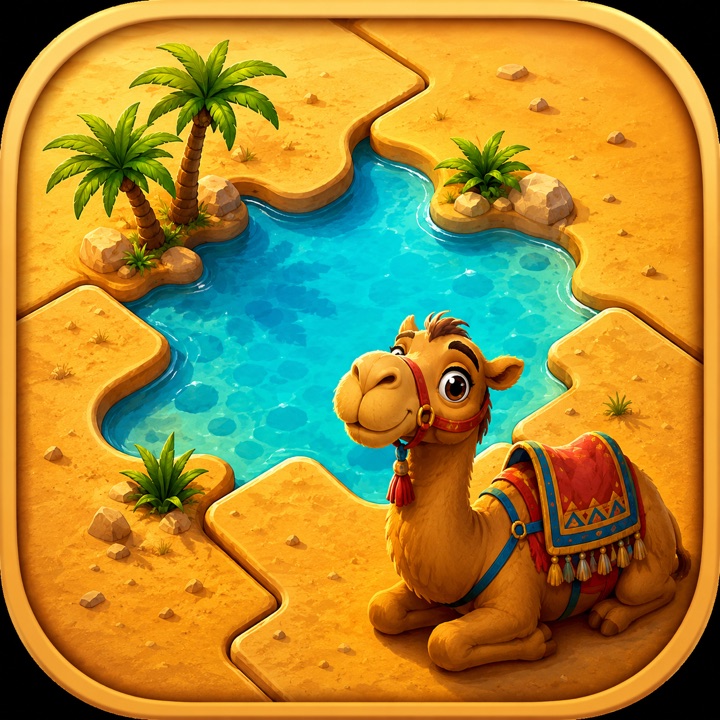 Blockwise app icon: a desert puzzle of sand, water, palms, and a camel.